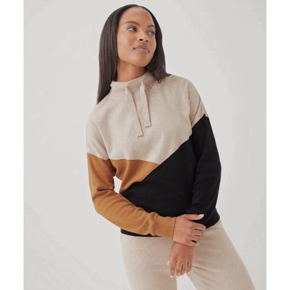 NWT Pact 100% Organic Cotton Airplane Color Block Sweatshirt Wheat Chai Black - Picture 2 of 3